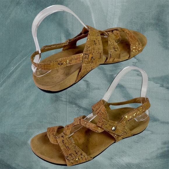 Vionic Women's 8 Cork Print Leather Tan Gold Comfort Strappy Paros Sandals - Picture 1 of 10